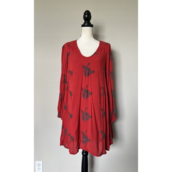 Free People Dress Women XS Red Austin Mini Embroidered Boho Lining Pullover - Picture 4 of 13
